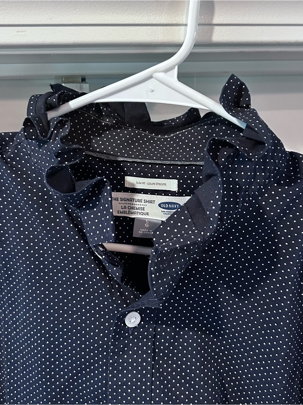 Men’s Slim Fit Large Old Navy Blue Polka Dot Button-Down Shirt Ruffle Collar